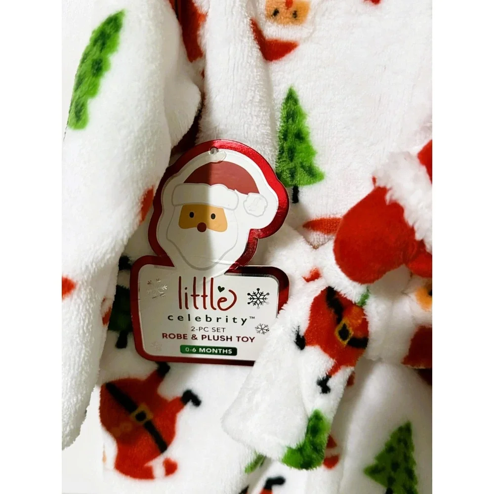 Little Celebrity Christmas Bathrobe w Santa Plush 0–6 mo 2 pc Holiday Set NWT